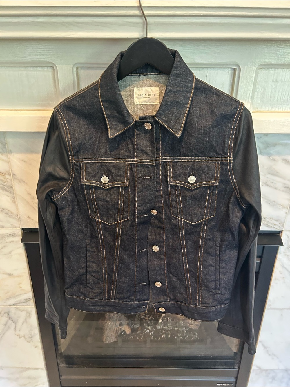rag & bone Indigo Denim Jacket with Black Leather Sleeves